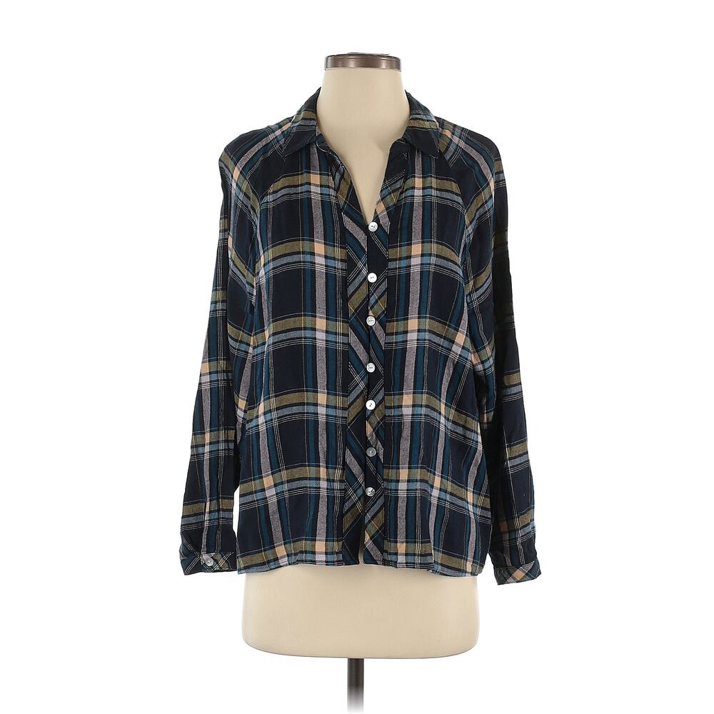 J.Jill Brushed Cotton Modal‎ Blend Bias Trim Plaids Blue Button up Shirt M